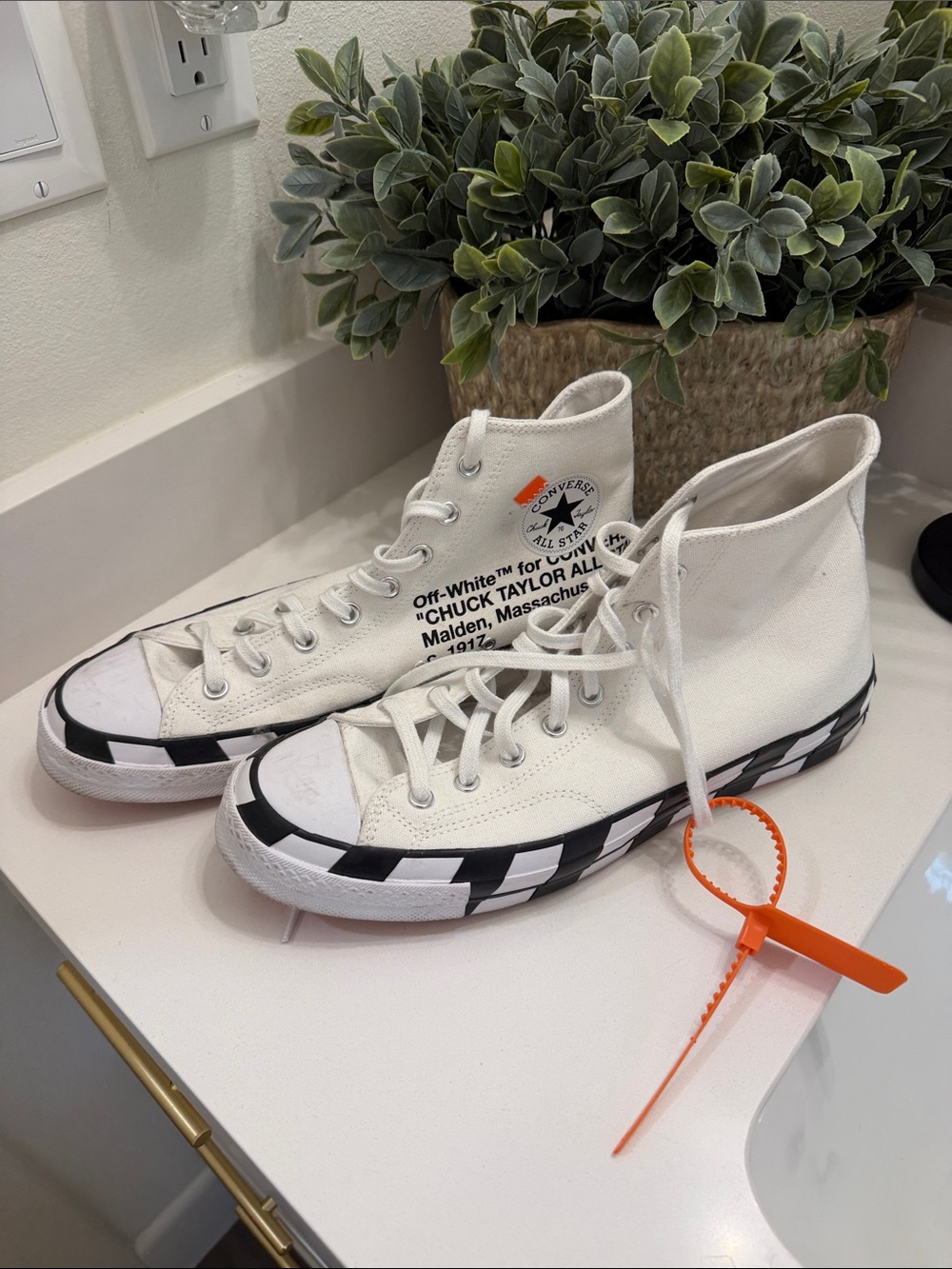 Off-White x Converse White High-Top Sneakers with Black Checker Accents